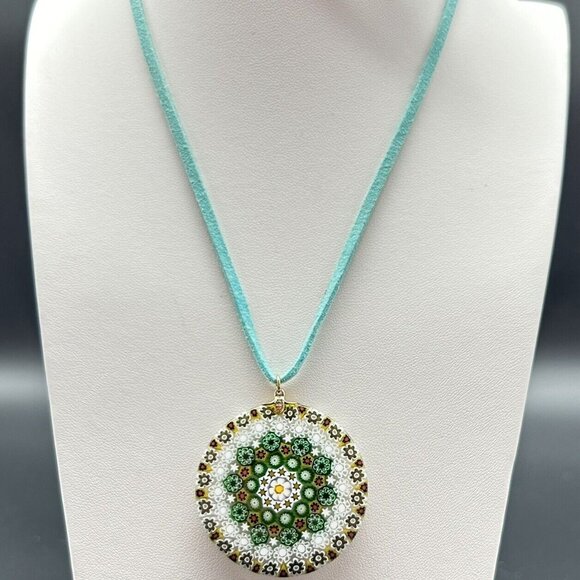 Millefiori Glass Pendant on Teal Cord Necklace 26" Long 1.5" Across White Green - Picture 1 of 5